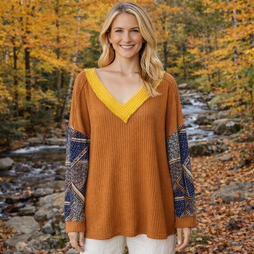 Davi & Dani Thermal Jersey Knit Printed Long Sleeve Boho Peasant Artsy M
